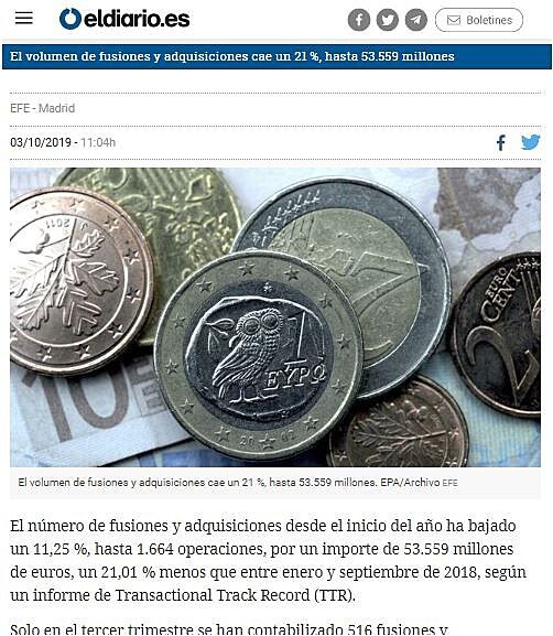 El volumen de fusiones y adquisiciones cae un 21 %, hasta 53.559 millones